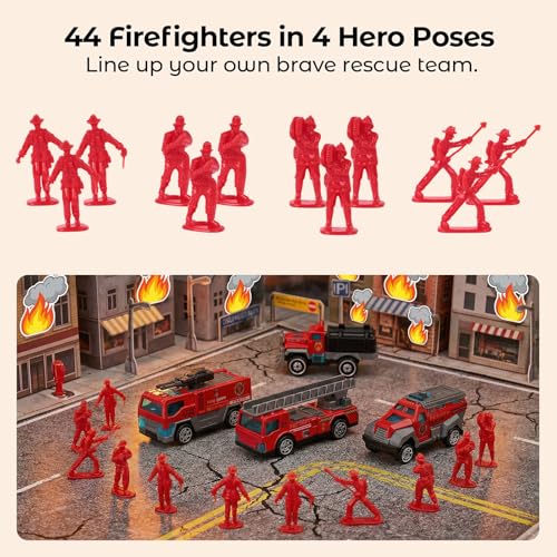 LovesTown 50-Piece Fire Truck Playset with 6 Die-Cast Metal Trucks and 44 Firefighter Figures, Red Rescue Vehicles Toy for Kids Ages 3+