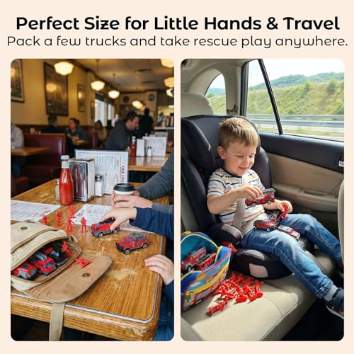 LovesTown 50-Piece Fire Truck Playset with 6 Die-Cast Metal Trucks and 44 Firefighter Figures, Red Rescue Vehicles Toy for Kids Ages 3+