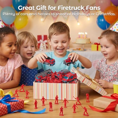 LovesTown 50-Piece Fire Truck Playset with 6 Die-Cast Metal Trucks and 44 Firefighter Figures, Red Rescue Vehicles Toy for Kids Ages 3+