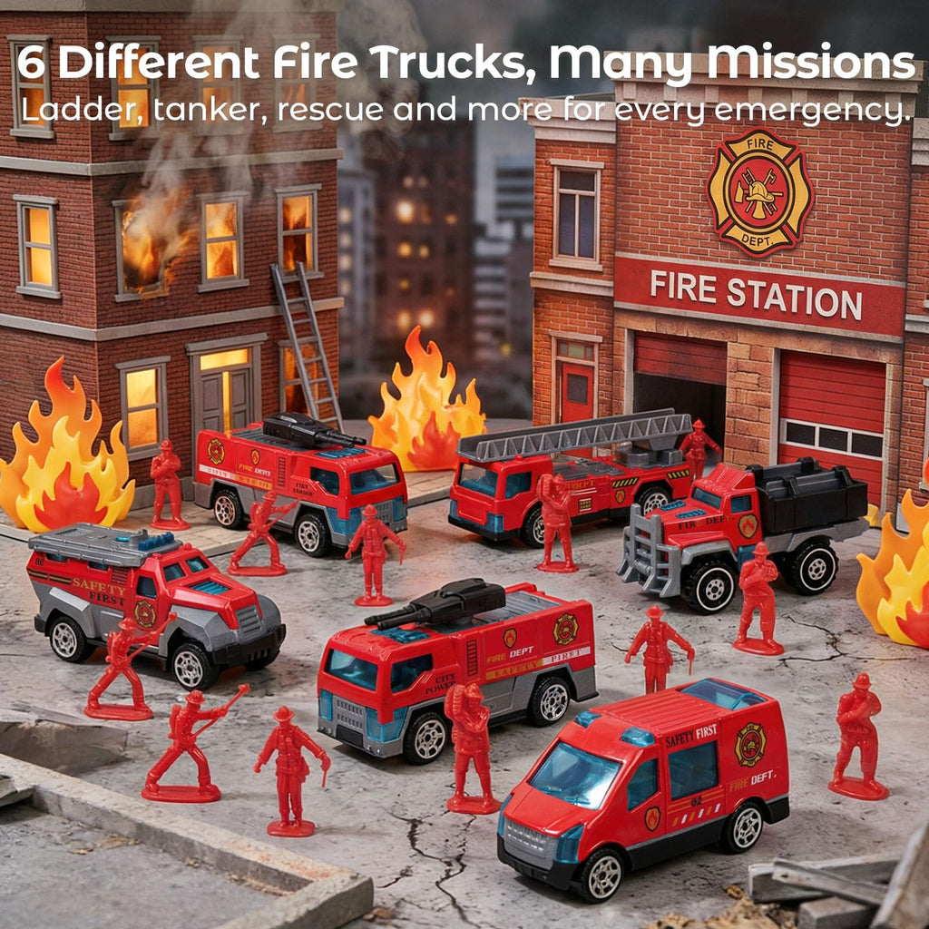 LovesTown 50-Piece Fire Truck Playset with 6 Die-Cast Metal Trucks and 44 Firefighter Figures, Red Rescue Vehicles Toy for Kids Ages 3+