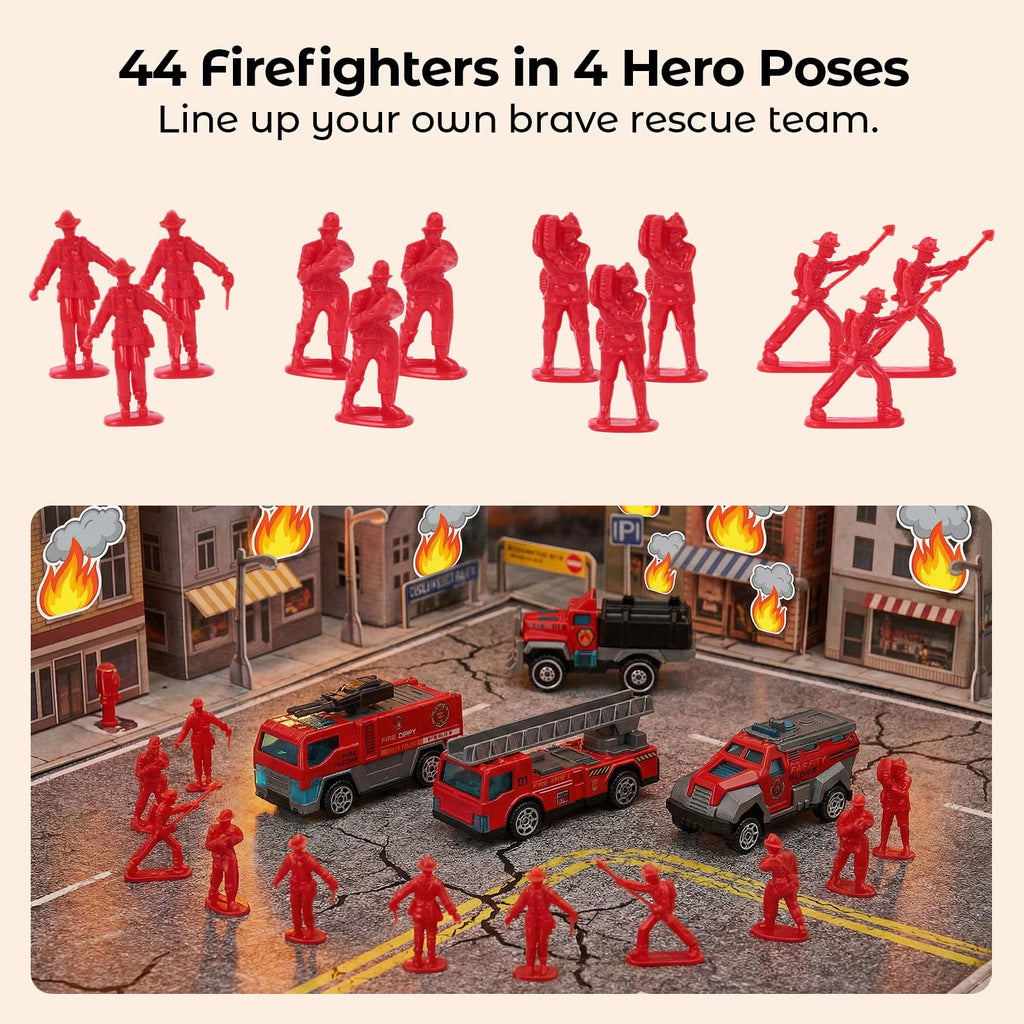 LovesTown 50-Piece Fire Truck Playset with 6 Die-Cast Metal Trucks and 44 Firefighter Figures, Red Rescue Vehicles Toy for Kids Ages 3+