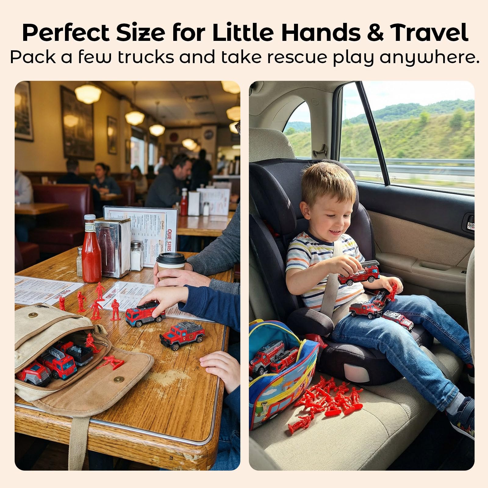 LovesTown 50-Piece Fire Truck Playset with 6 Die-Cast Metal Trucks and 44 Firefighter Figures, Red Rescue Vehicles Toy for Kids Ages 3+