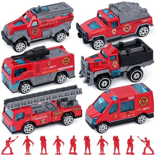 LovesTown 50-Piece Fire Truck Playset with 6 Die-Cast Metal Trucks and 44 Firefighter Figures, Red Rescue Vehicles Toy for Kids Ages 3+