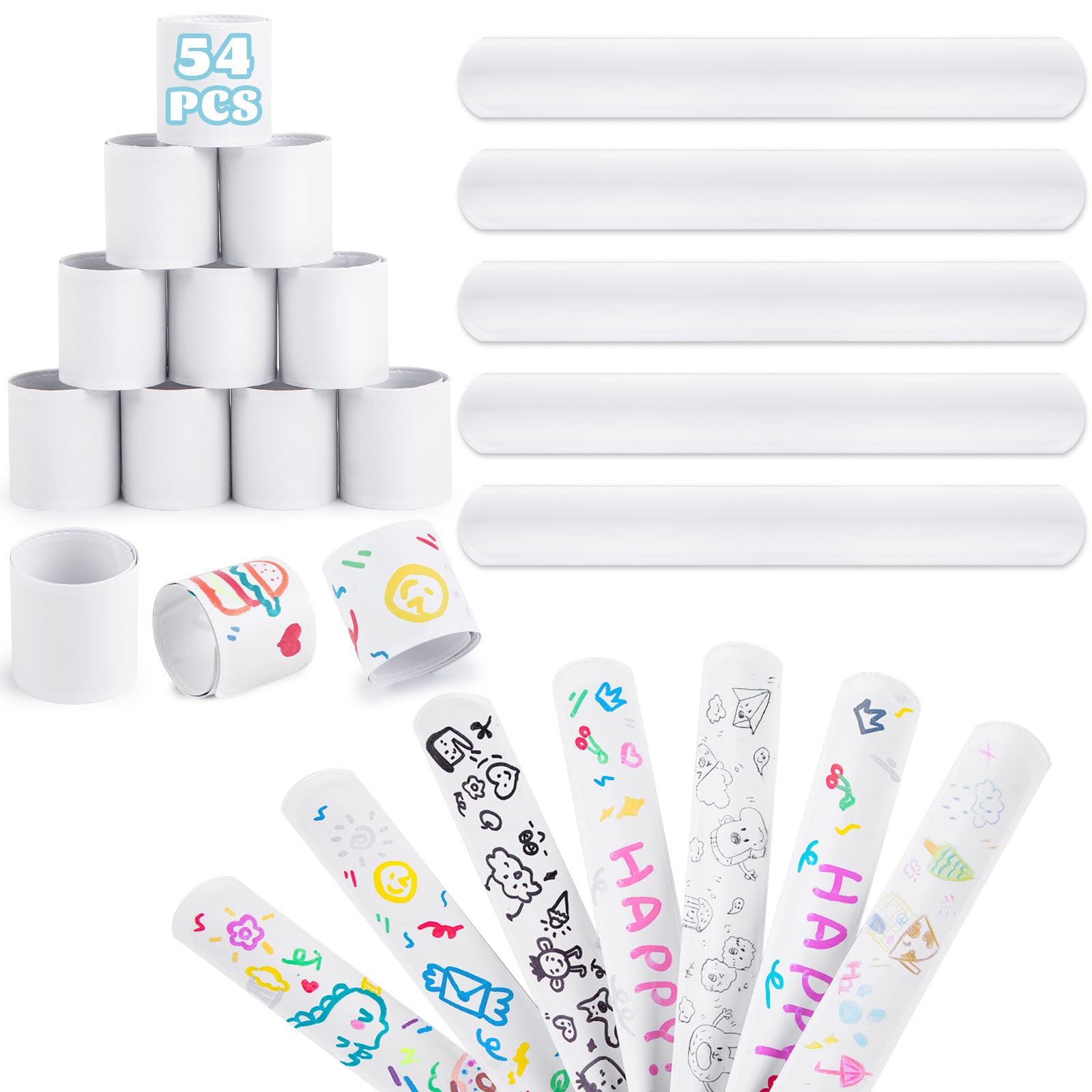 LovesTown 54 White Slap Bracelets – DIY Craft Snap Bracelets for Kids Party Favors, Classroom Prizes, and Goodie Bag Stuffers