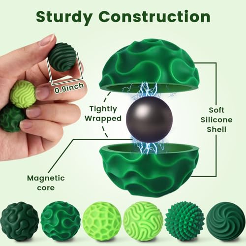LovesTown 6 Magnetic Fidget Balls in Green - Silicone Sensory Toys for Anxiety Relief and Focus