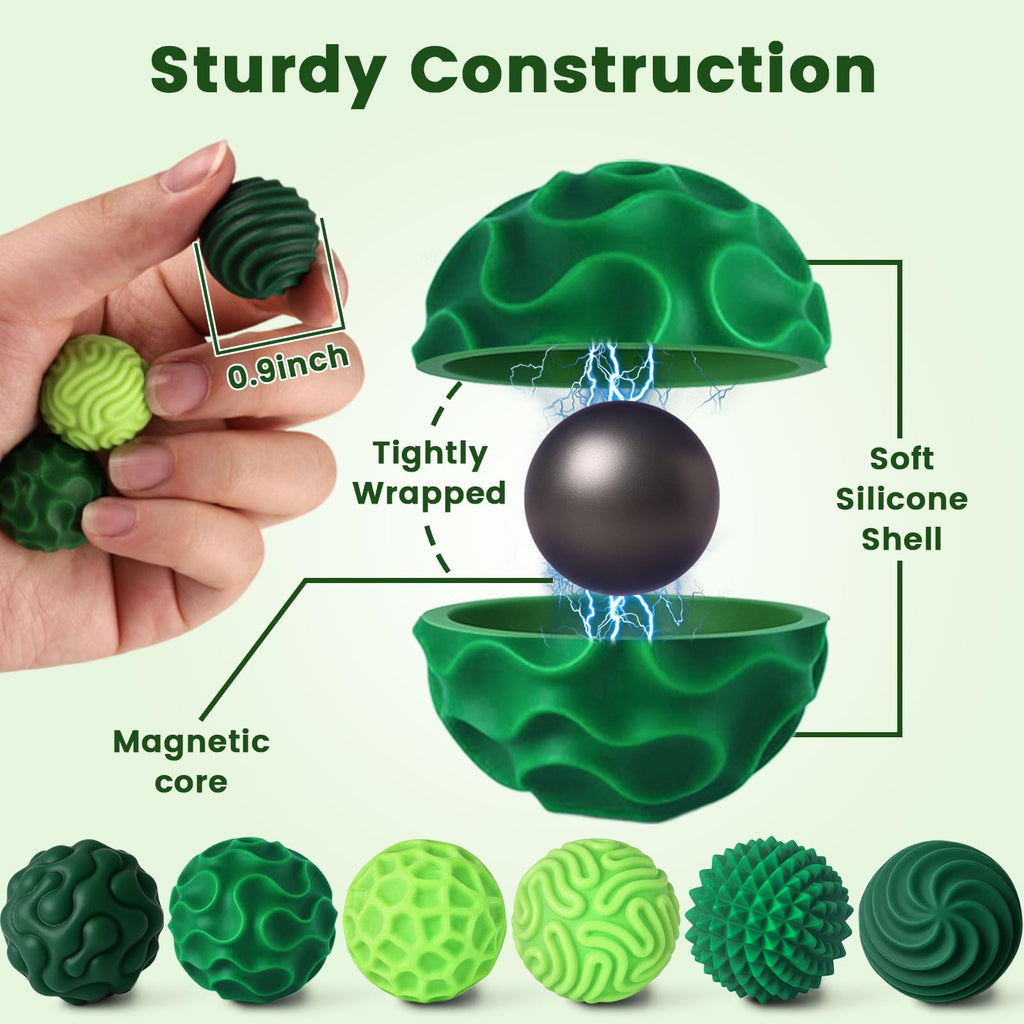 LovesTown 6 Magnetic Fidget Balls in Green - Silicone Sensory Toys for Anxiety Relief and Focus