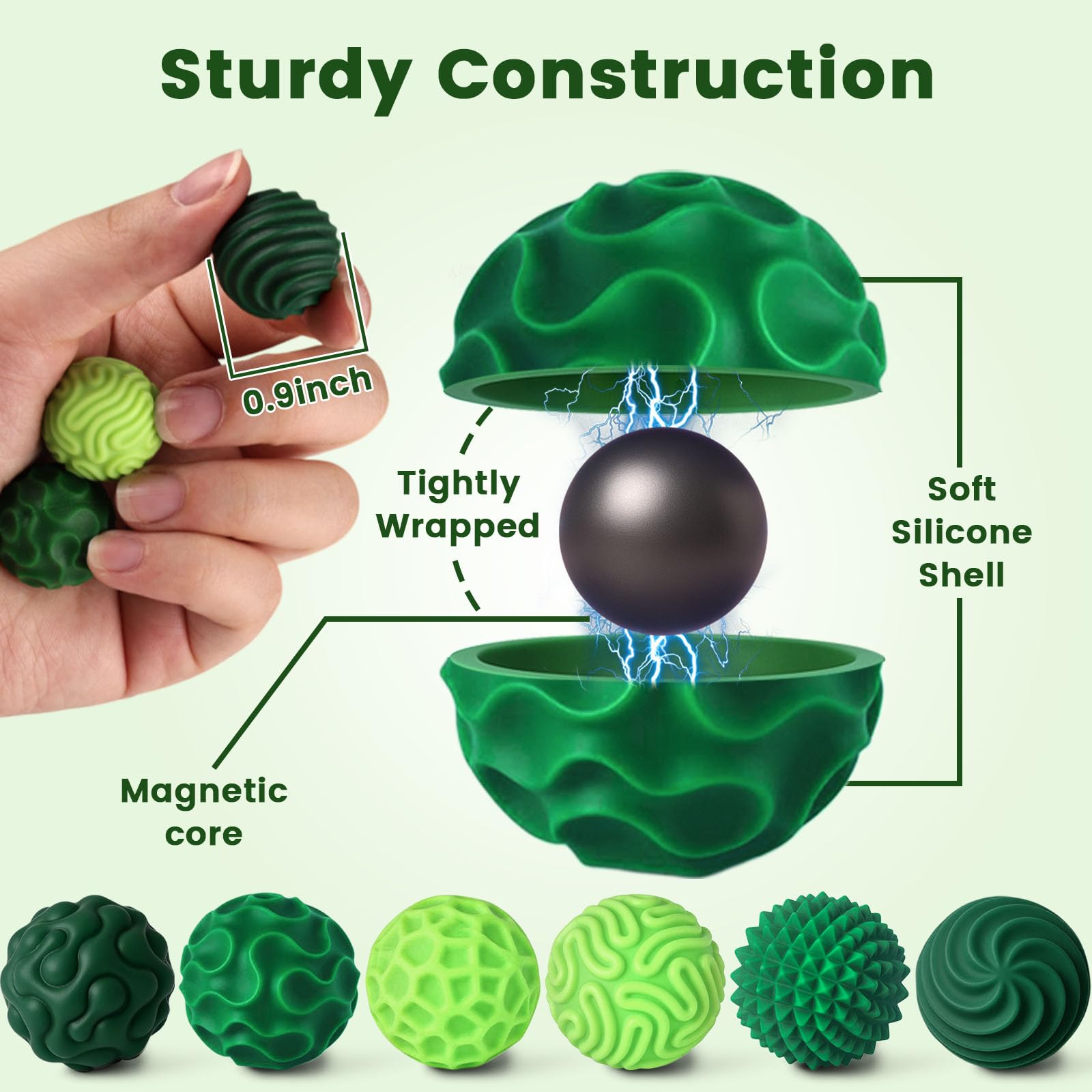 LovesTown 6 Magnetic Fidget Balls in Green - Silicone Sensory Toys for Anxiety Relief and Focus