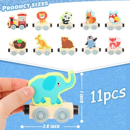 LovesTown Wooden Magnetic Train Set - 11-Piece Montessori Toy with Animal Cars for Toddlers