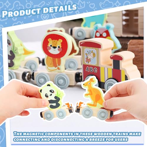 LovesTown Wooden Magnetic Train Set - 11-Piece Montessori Toy with Animal Cars for Toddlers