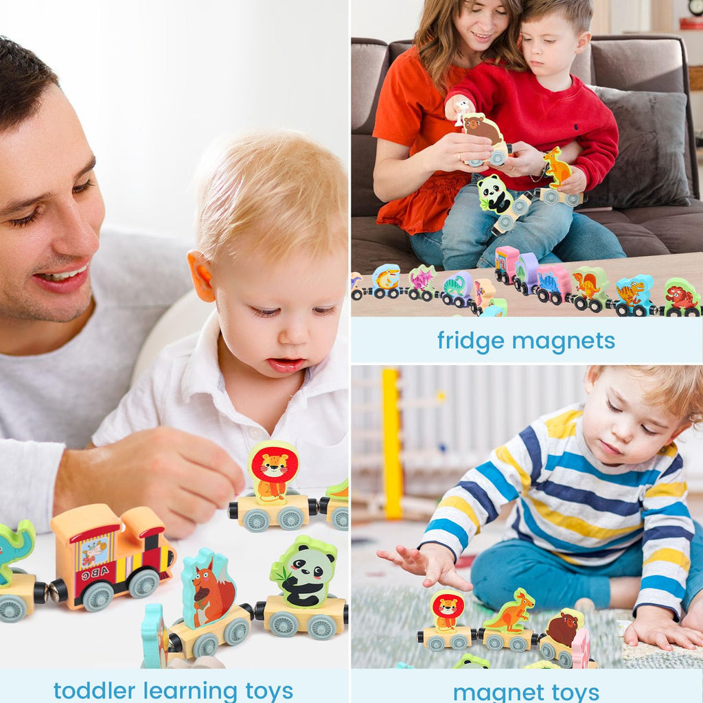 LovesTown Wooden Magnetic Train Set - 11-Piece Montessori Toy with Animal Cars for Toddlers