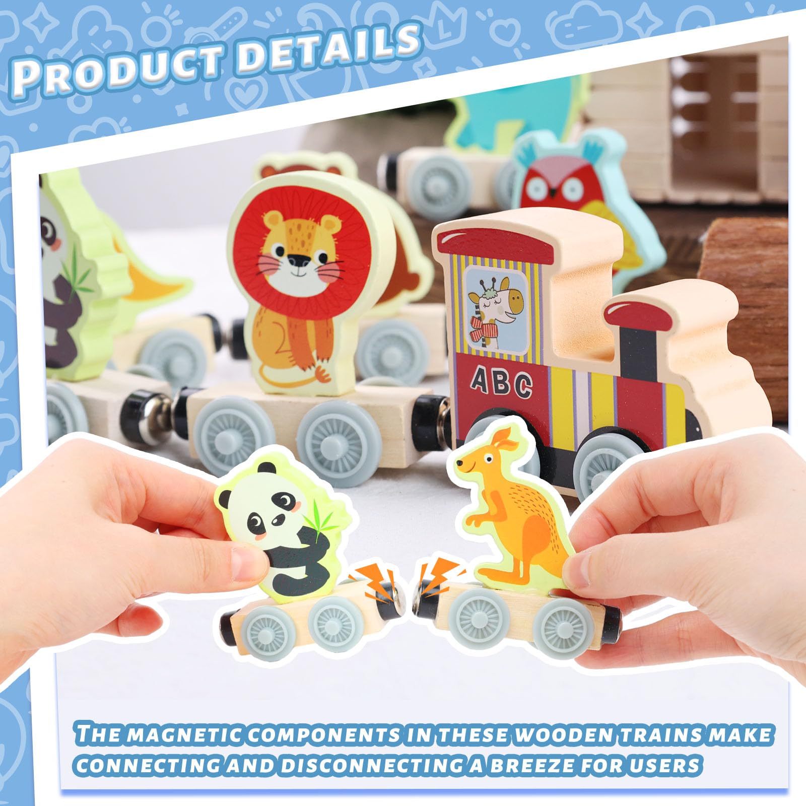 LovesTown Wooden Magnetic Train Set - 11-Piece Montessori Toy with Animal Cars for Toddlers