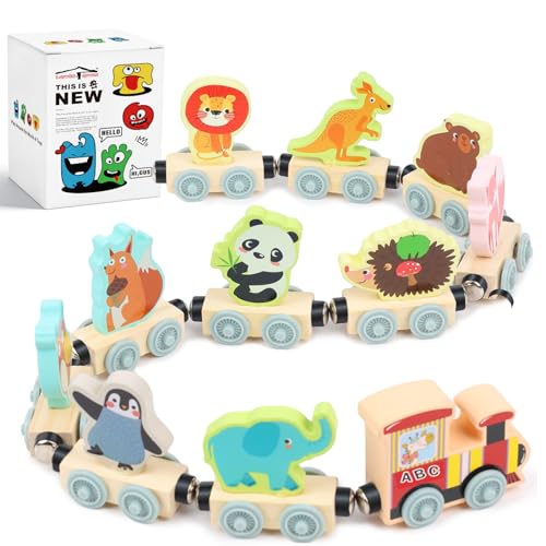 LovesTown Wooden Magnetic Train Set - 11-Piece Montessori Toy with Animal Cars for Toddlers