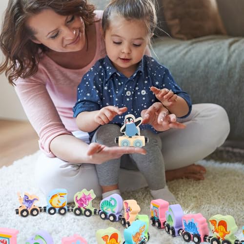 LovesTown Wooden Magnetic Train Set - 11-Piece Montessori Toy with Animal Cars for Toddlers