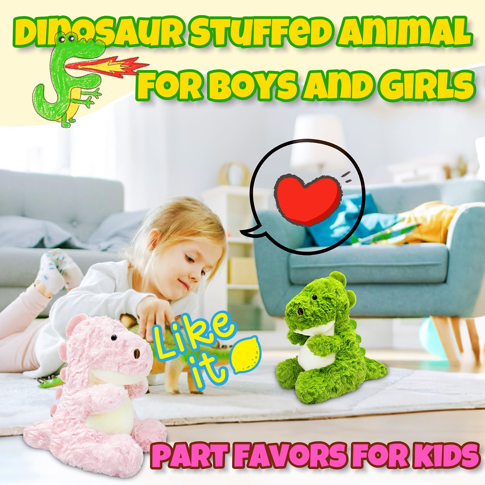 LoYuSenn Green Dinosaur Stuffed Animal – 12-Inch Soft Dino Plush Toy for Kids