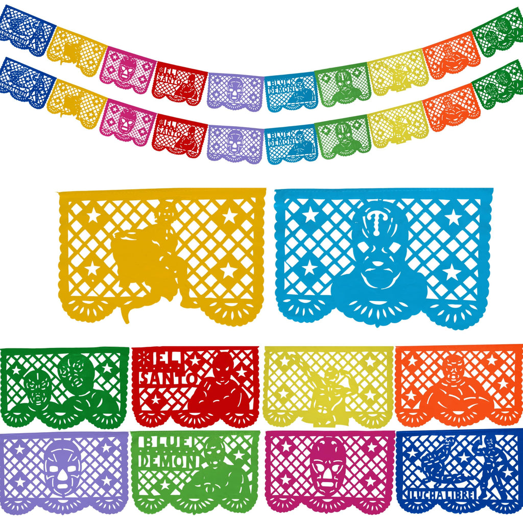 Lucha Libre Party Decorations – Plastic Papel Picado Banners (2 Pack, 10 Flags Each) by TexMex Fun Stuff