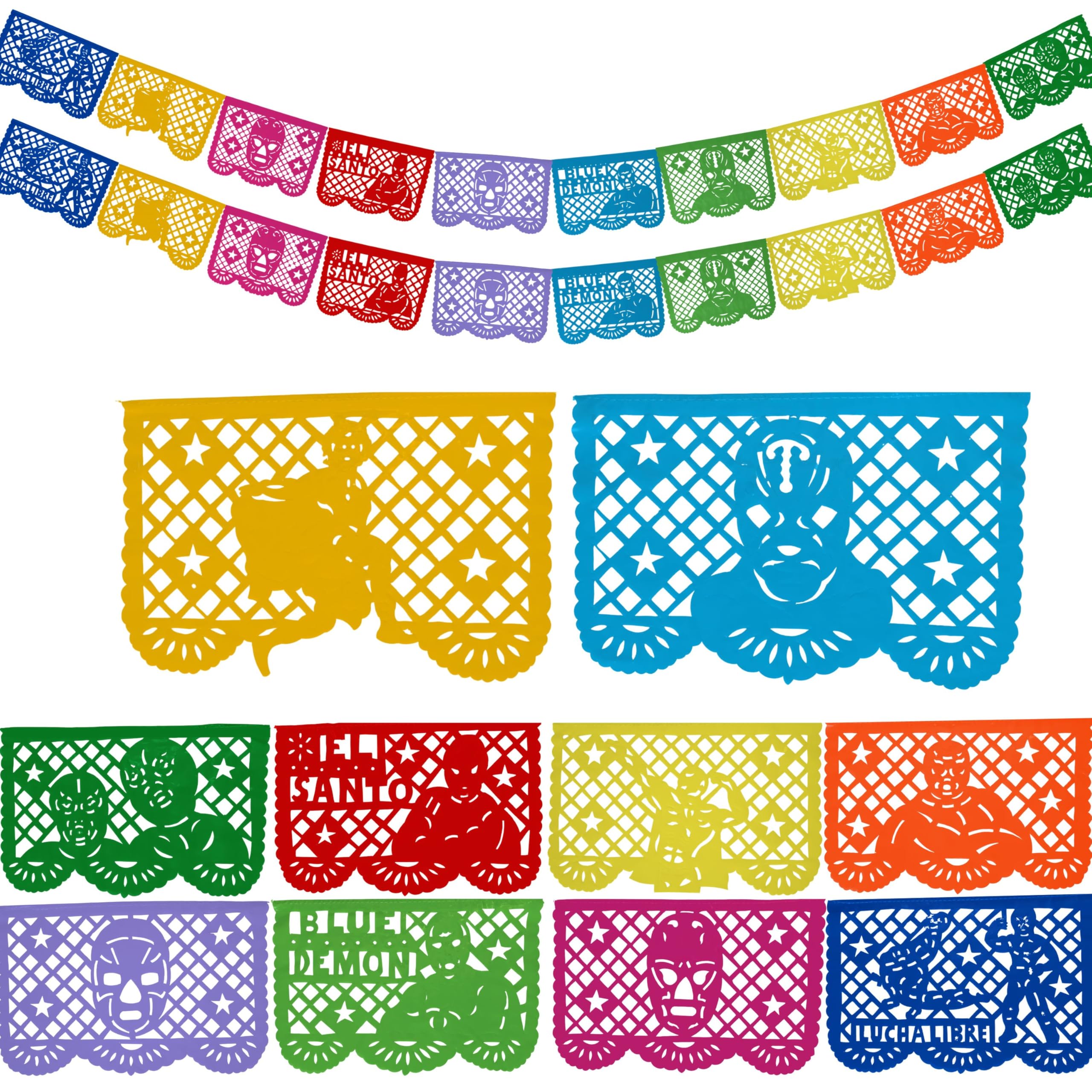 Lucha Libre Party Decorations – Plastic Papel Picado Banners (2 Pack, 10 Flags Each) by TexMex Fun Stuff