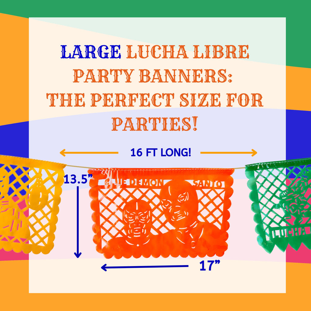 Lucha Libre Plastic Papel Picado Banner (16 ft) – 10 Oversized Flags for Mexican Wrestling Parties