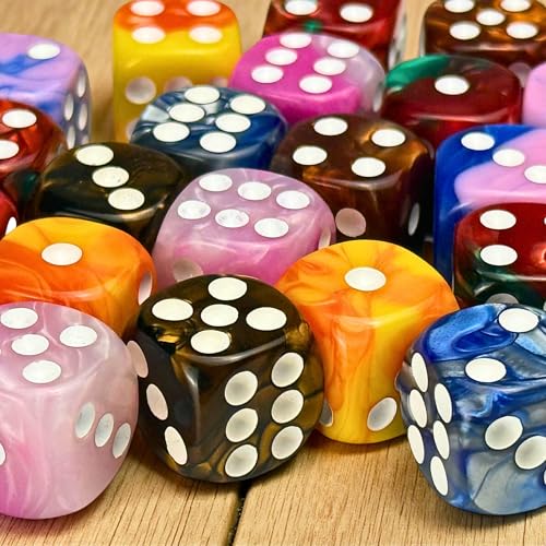 Luck Lab 48 Pack 16mm Marble Swirl D6 Dice – Round Corner Board Game Dice with Velvet Bag