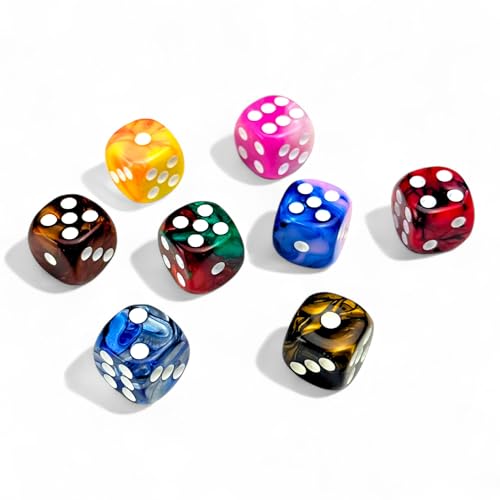 Luck Lab 48 Pack 16mm Marble Swirl D6 Dice – Round Corner Board Game Dice with Velvet Bag