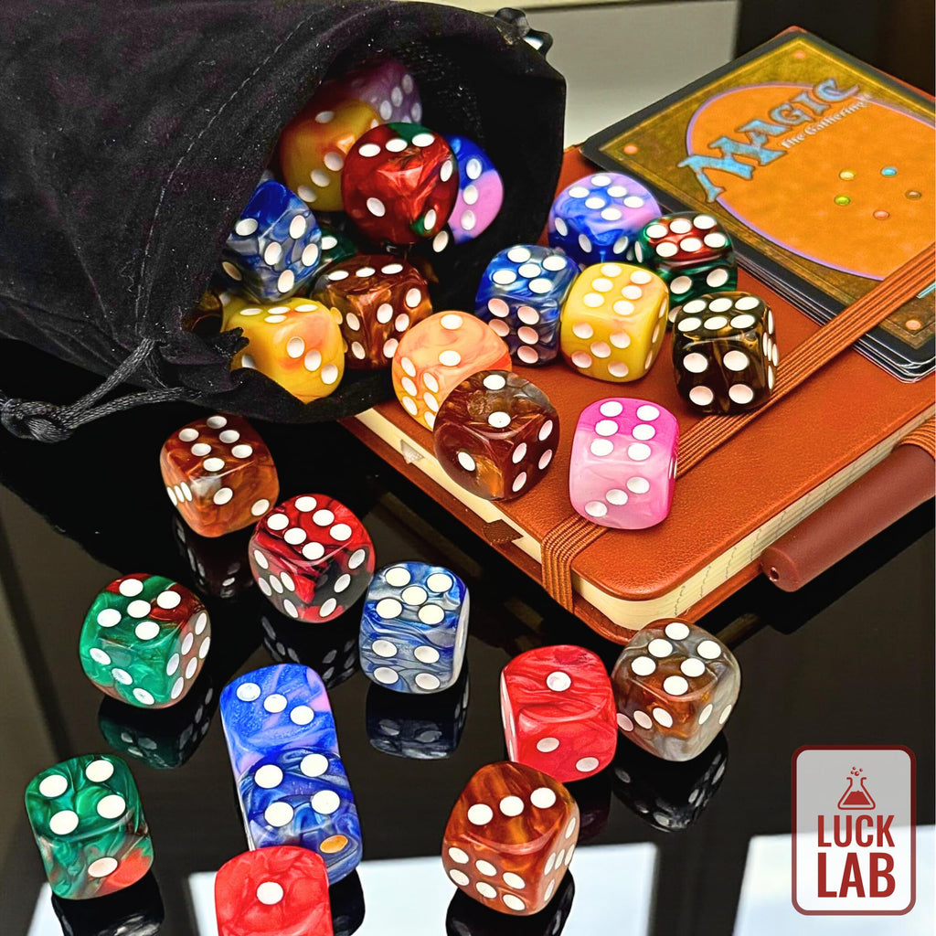 Luck Lab 48 Pack 16mm Marble Swirl D6 Dice – Round Corner Board Game Dice with Velvet Bag