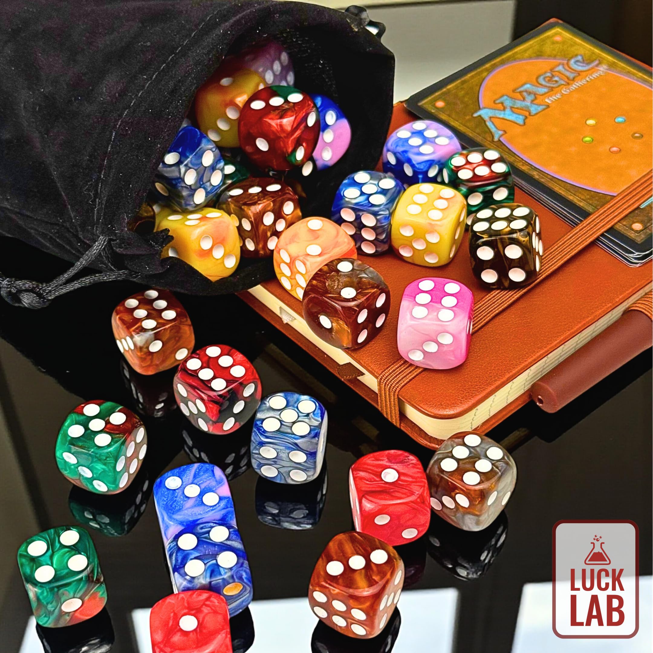 Luck Lab 48 Pack 16mm Marble Swirl D6 Dice – Round Corner Board Game Dice with Velvet Bag
