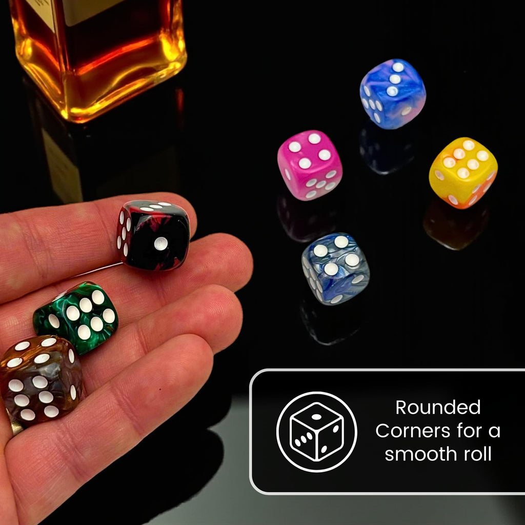 Luck Lab 48 Pack 16mm Marble Swirl D6 Dice – Round Corner Board Game Dice with Velvet Bag
