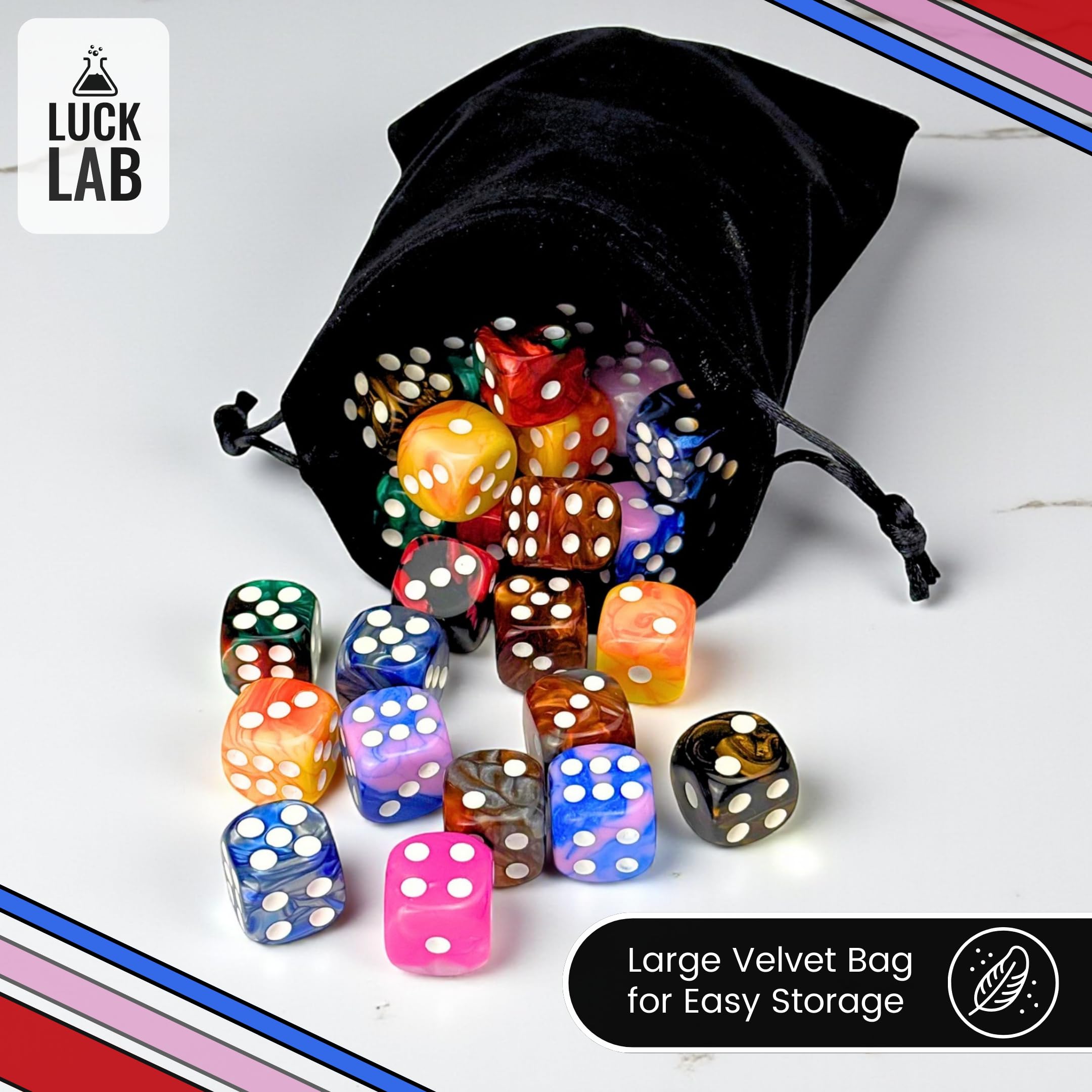 Luck Lab 48 Pack 16mm Marble Swirl D6 Dice – Round Corner Board Game Dice with Velvet Bag