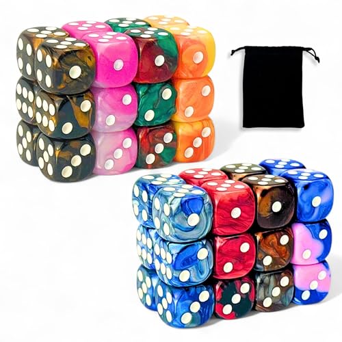 Luck Lab 48 Pack 16mm Marble Swirl D6 Dice – Round Corner Board Game Dice with Velvet Bag