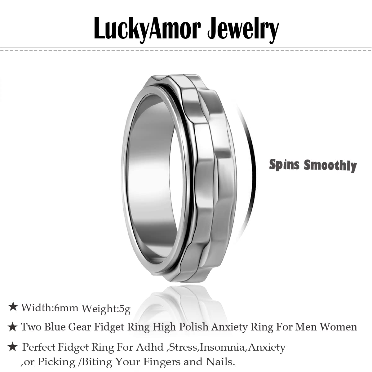 LuckyAmor Stainless Steel Spinning Fidget Ring for Anxiety - Double Gear Design, Sizes 6-10