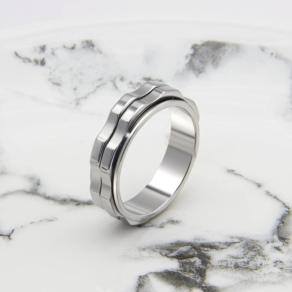 LuckyAmor Stainless Steel Spinning Fidget Ring for Anxiety - Double Gear Design, Sizes 6-10