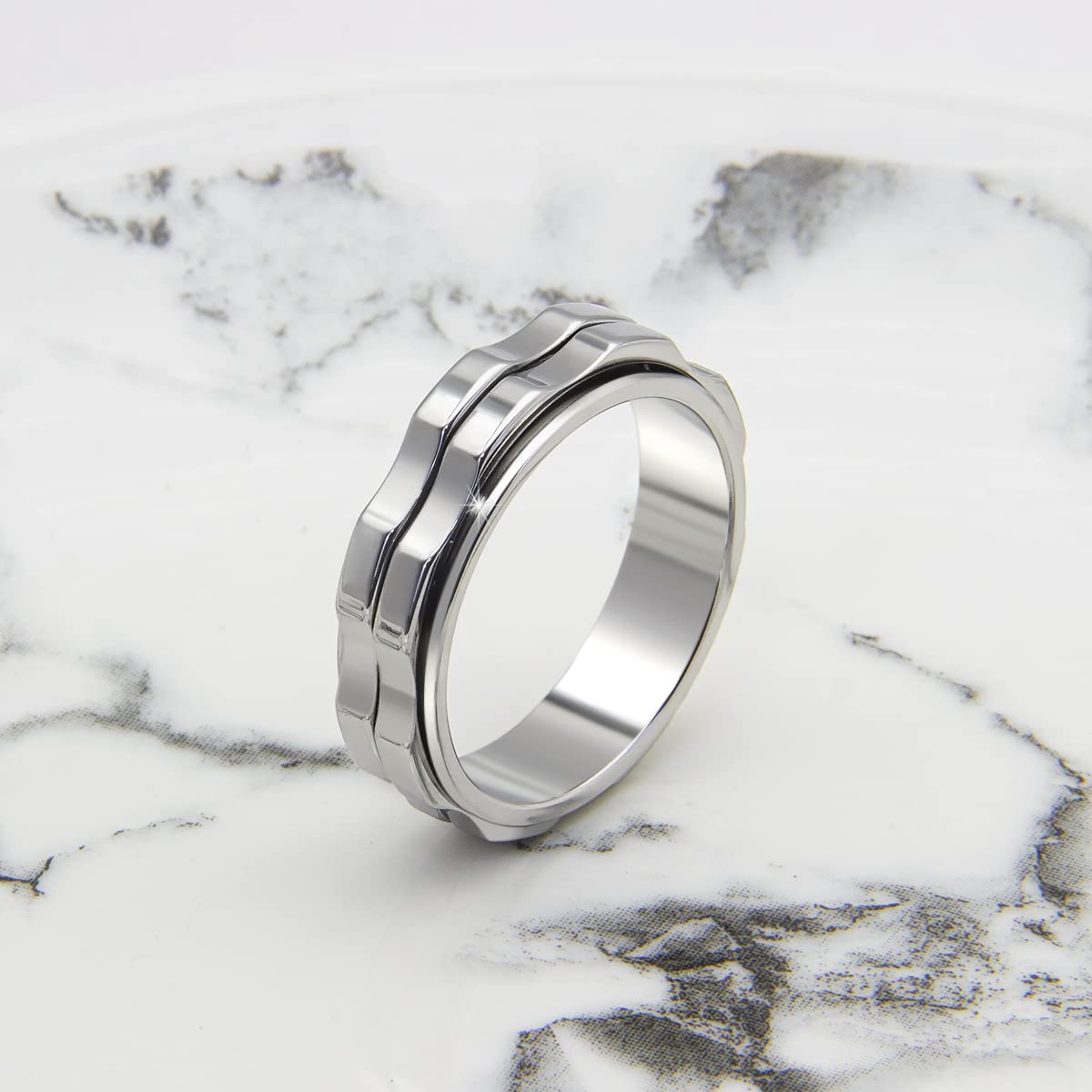 LuckyAmor Stainless Steel Spinning Fidget Ring for Anxiety - Double Gear Design, Sizes 6-10
