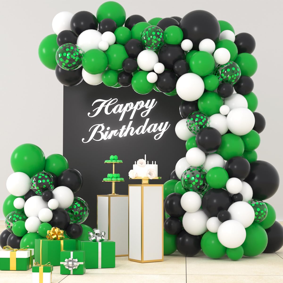 LUDEOU 106-Piece Green Black White Balloon Garland Arch Kit for Soccer Football Birthday Parties
