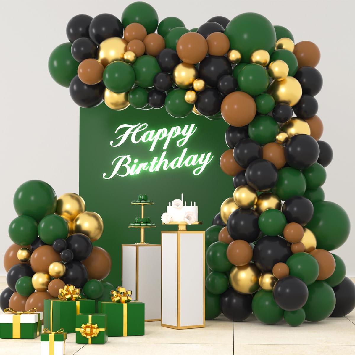 LUDEOU Dark Green Black Gold Balloon Arch Kit – 116-Piece Set for Football, Safari, Camo, or Video Game Parties