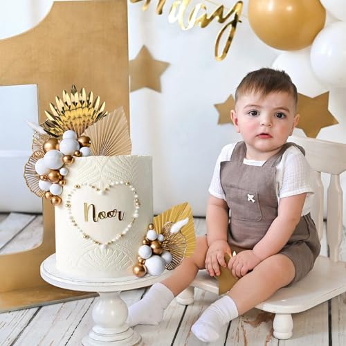 Lukinuo Champagne Rose Gold Boho Cake Topper – White Gold Balls, Palm Leaves, Plastic Holders for Birthday Baby Shower Wedding