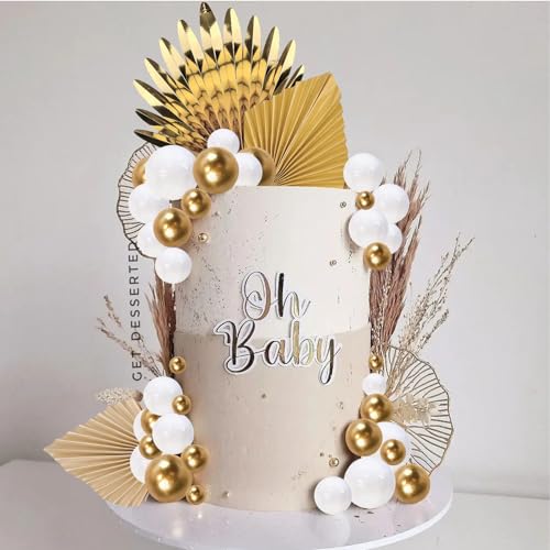 Lukinuo Champagne Rose Gold Boho Cake Topper – White Gold Balls, Palm Leaves, Plastic Holders for Birthday Baby Shower Wedding