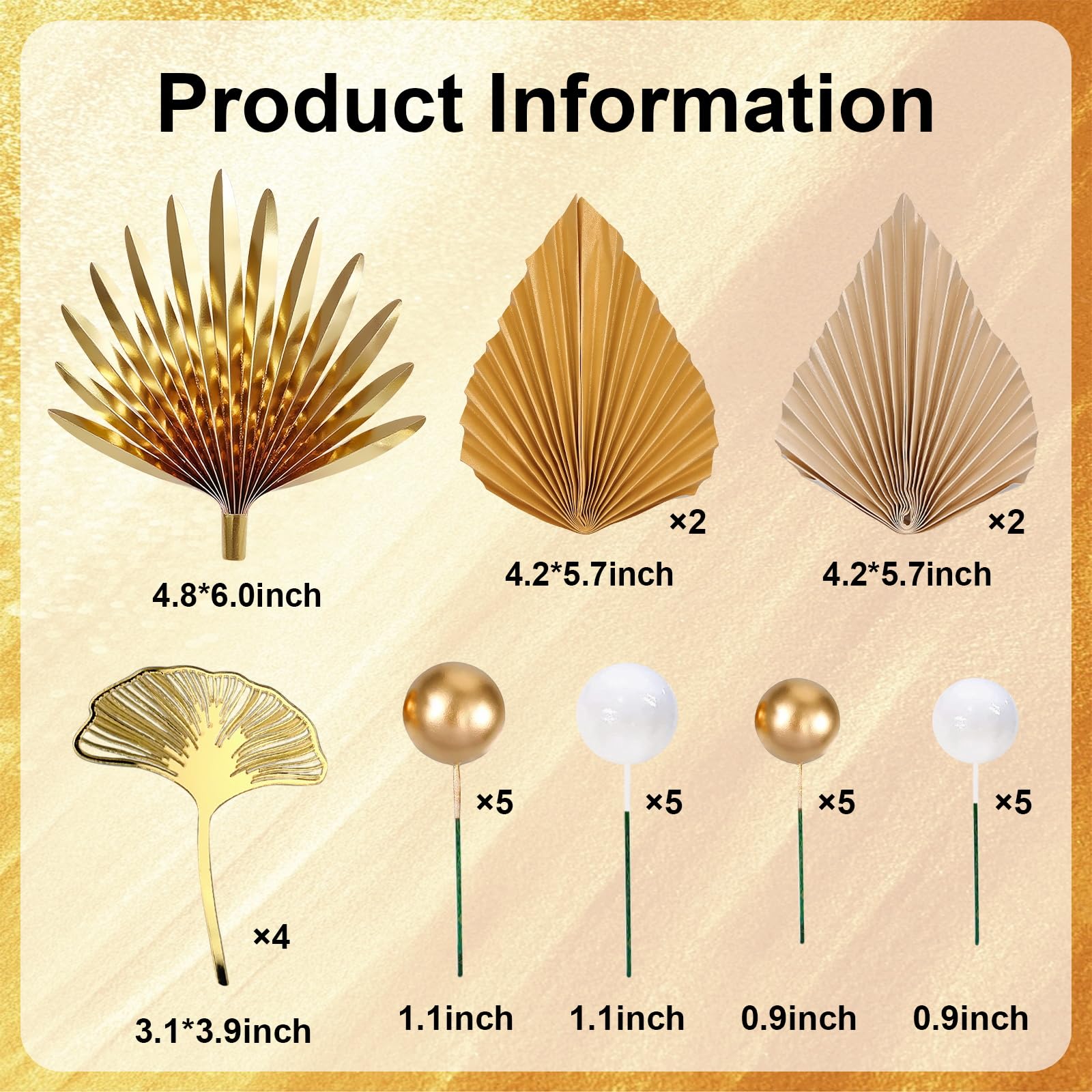 Lukinuo Champagne Rose Gold Boho Cake Topper – White Gold Balls, Palm Leaves, Plastic Holders for Birthday Baby Shower Wedding