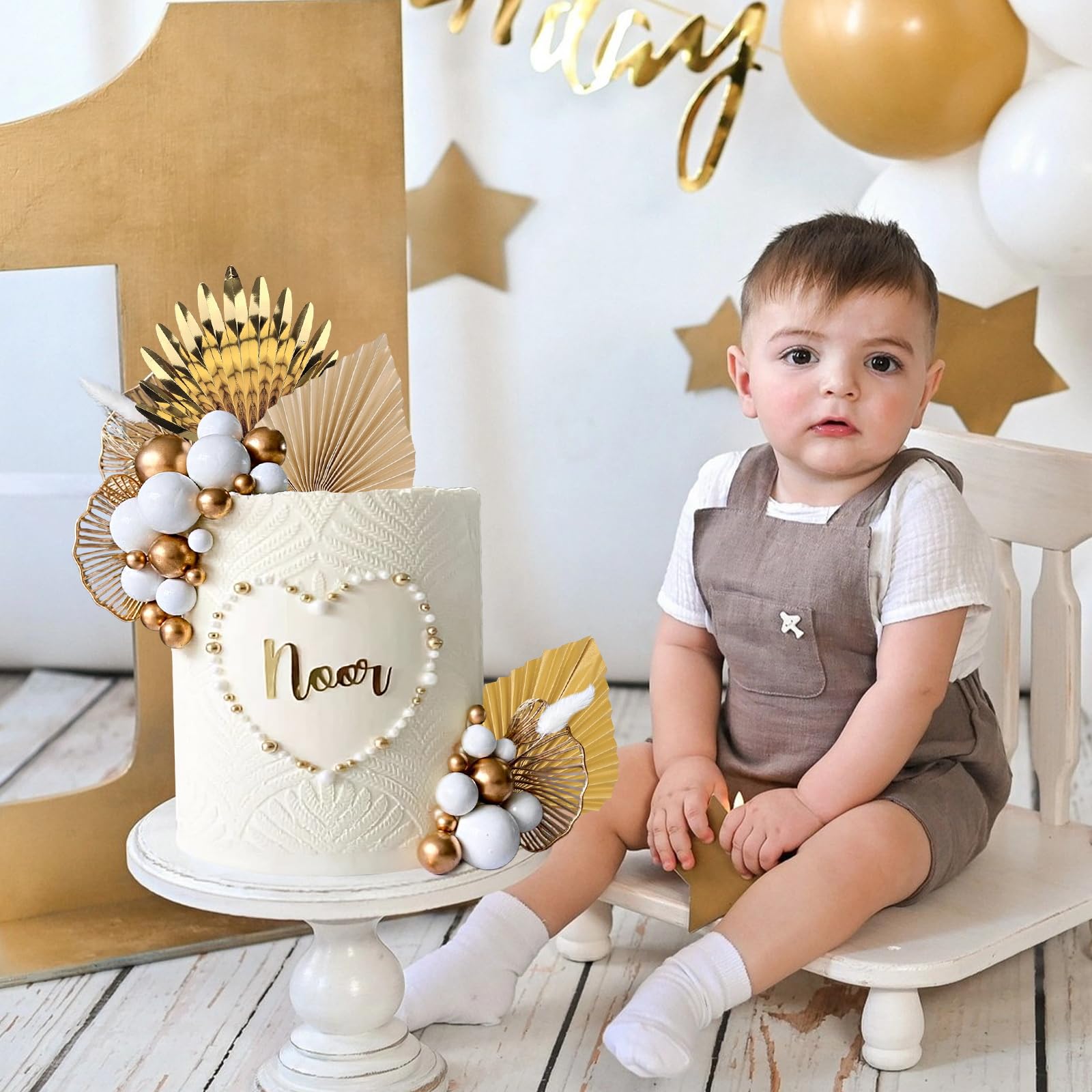 Lukinuo Champagne Rose Gold Boho Cake Topper – White Gold Balls, Palm Leaves, Plastic Holders for Birthday Baby Shower Wedding