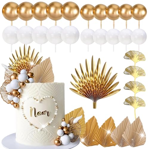 Lukinuo Champagne Rose Gold Boho Cake Topper – White Gold Balls, Palm Leaves, Plastic Holders for Birthday Baby Shower Wedding