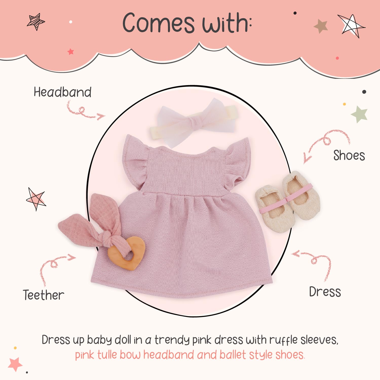 LullaBaby 14-Inch Baby Doll Outfit: Pink Dress, Headband, Teether & Shoes