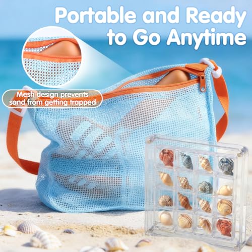 LullaBlock Kids Beach Sand Sifter Kit – 2 Shovels, Net Bag, Shell Display Case