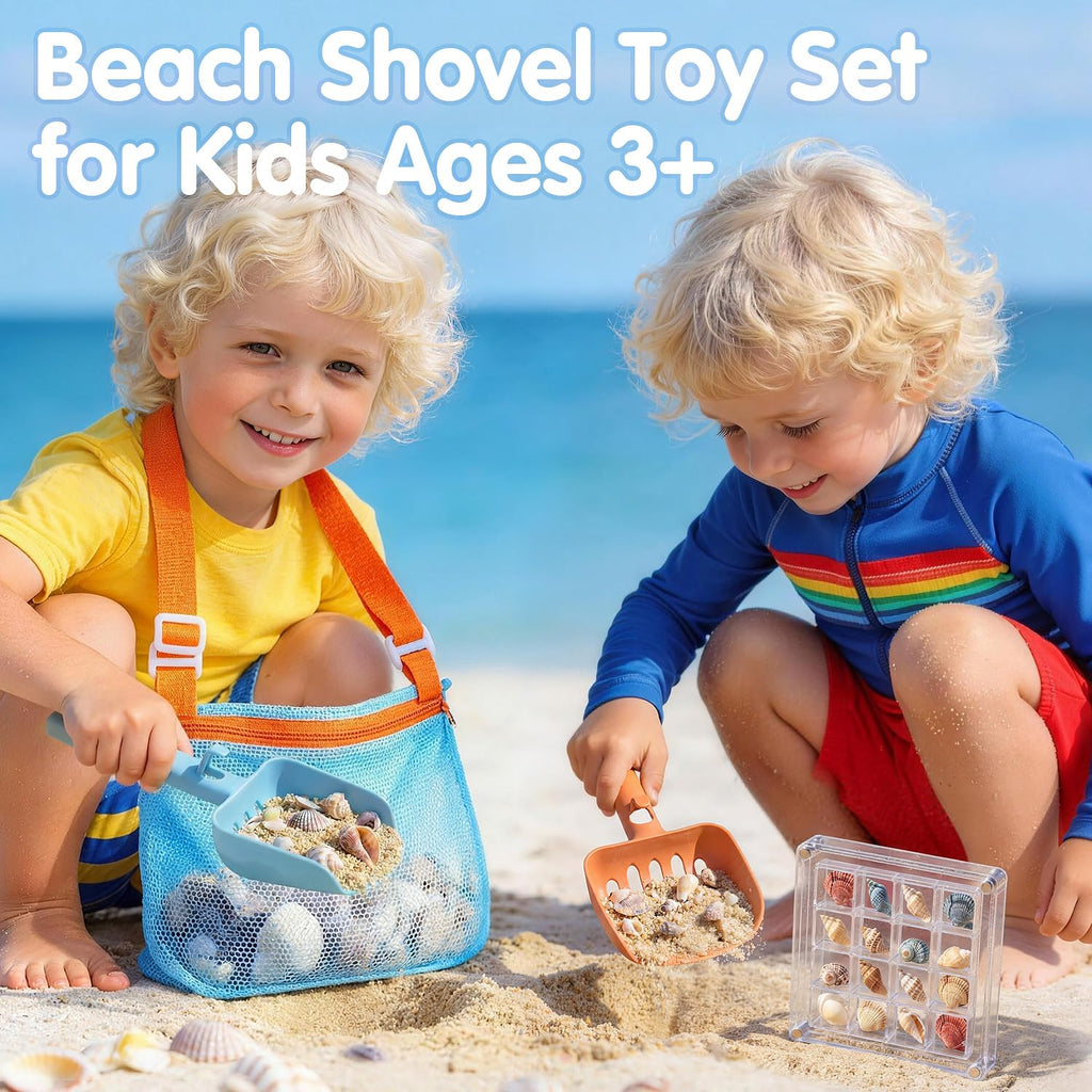 LullaBlock Kids Beach Sand Sifter Kit – 2 Shovels, Net Bag, Shell Display Case