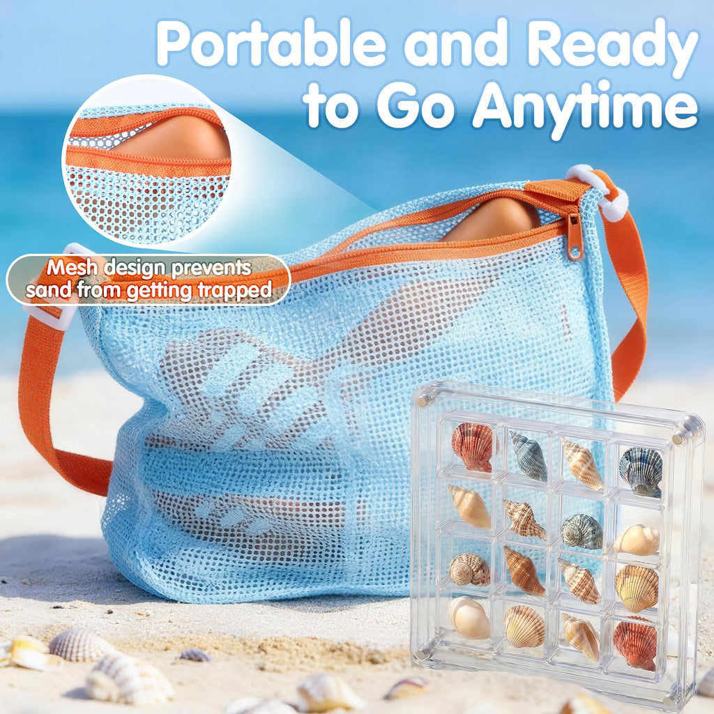 LullaBlock Kids Beach Sand Sifter Kit – 2 Shovels, Net Bag, Shell Display Case