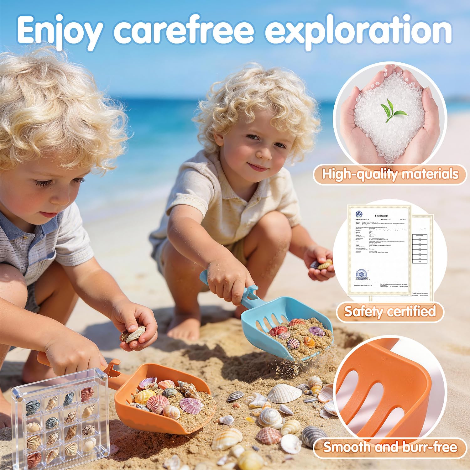 LullaBlock Kids Beach Sand Sifter Kit – 2 Shovels, Net Bag, Shell Display Case