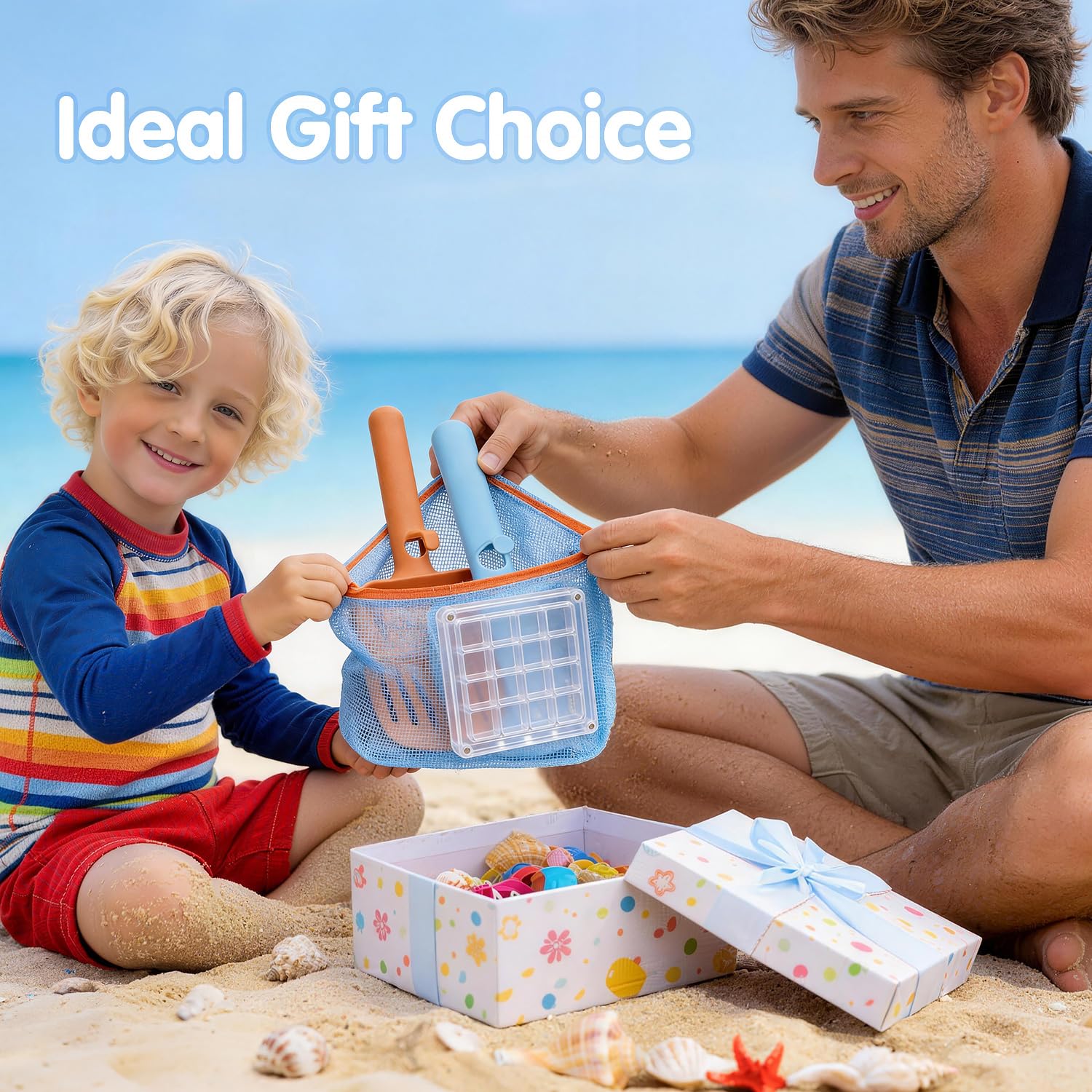 LullaBlock Kids Beach Sand Sifter Kit – 2 Shovels, Net Bag, Shell Display Case