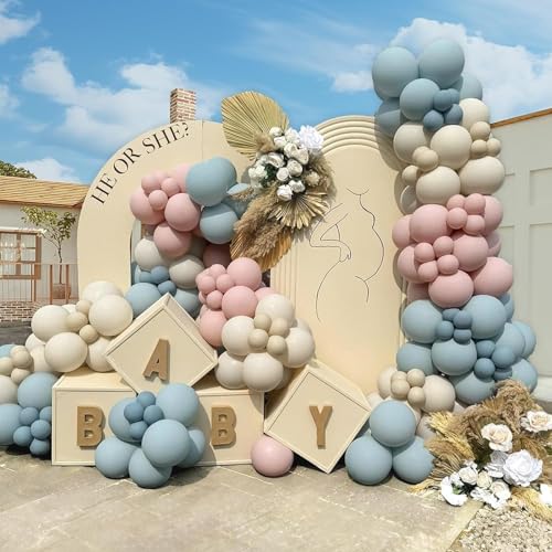LULUMIKA 139-Piece Gender Reveal Balloon Arch Kit: Dusty Pink & Fog Blue Latex Balloons for Boho Wedding, Baby Shower, Birthday Decor