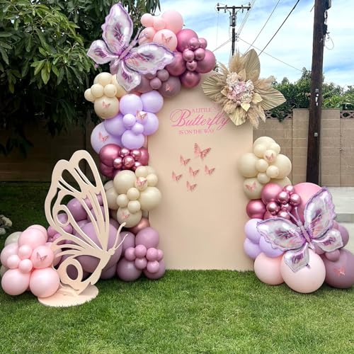 LULUMIKA 142pcs Butterfly Balloon Arch Kit - Pastel Pink & Purple with Foil Balloons and Stickers