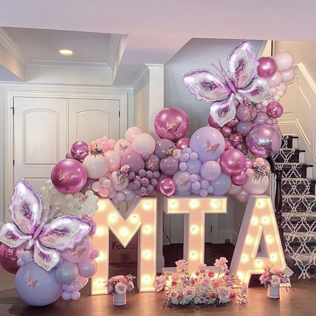 LULUMIKA 142pcs Butterfly Balloon Arch Kit - Pastel Pink & Purple with Foil Balloons and Stickers