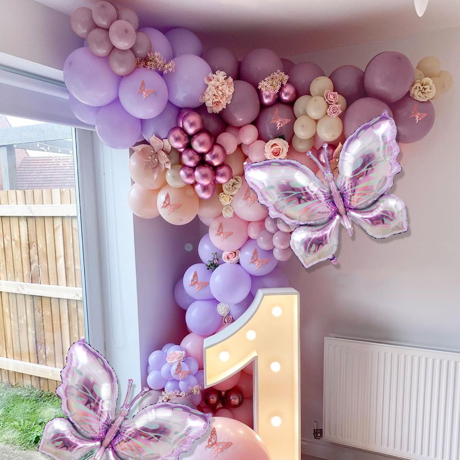 LULUMIKA 142pcs Butterfly Balloon Arch Kit - Pastel Pink & Purple with Foil Balloons and Stickers