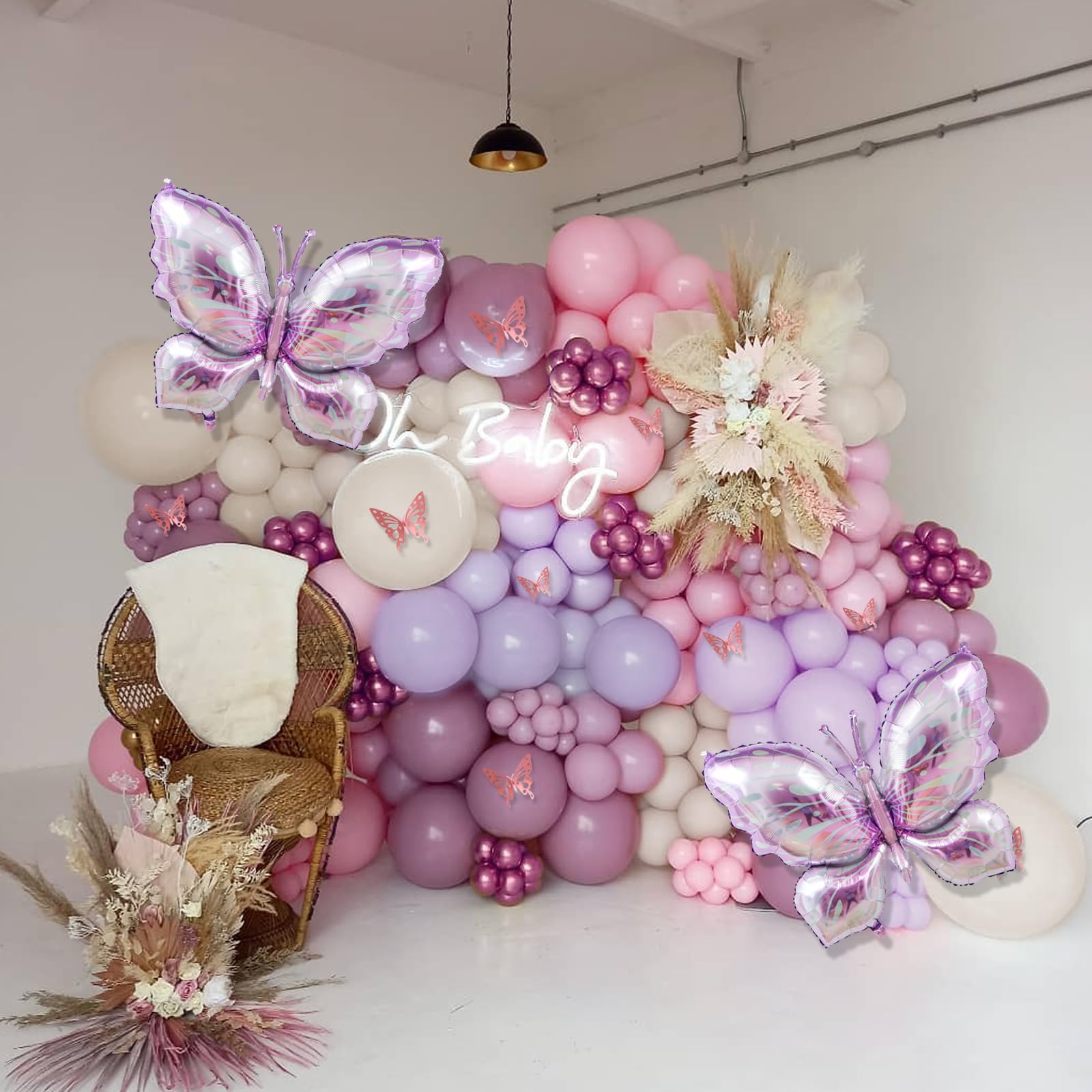LULUMIKA 142pcs Butterfly Balloon Arch Kit - Pastel Pink & Purple with Foil Balloons and Stickers