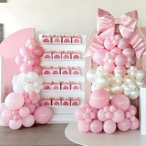 LULUMIKA Pink Bow Balloon Arch Kit 147 Pieces – Double Stuffed Pearl White Sand Balloons for Coquette Birthday Baby Shower Decor